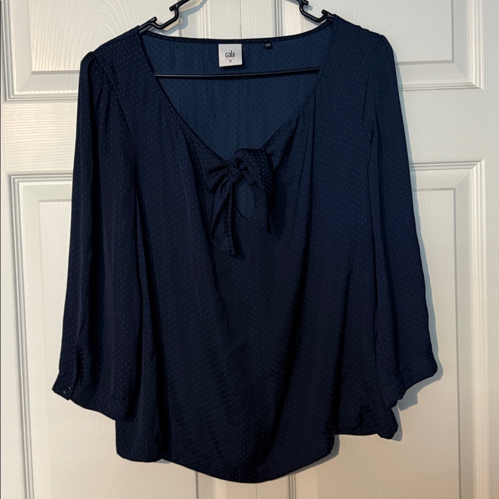 Cabi Dark Blue Tie-Front Shirt with Polka Dot Detail - Size Medium